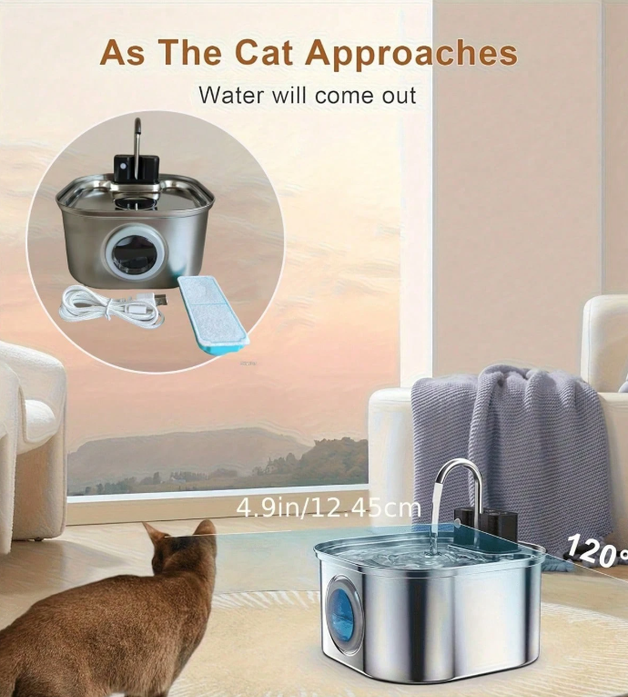Fuente de agua inalámbrica para mascotas Mizupet 3.2L – Acero inoxidable, automática con sensor y batería recargable - imagen 8