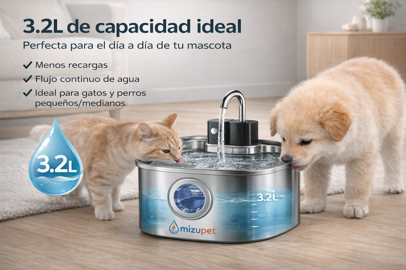 Fuente de agua inalámbrica para mascotas Mizupet 3.2L – Acero inoxidable, automática con sensor y batería recargable - imagen 3