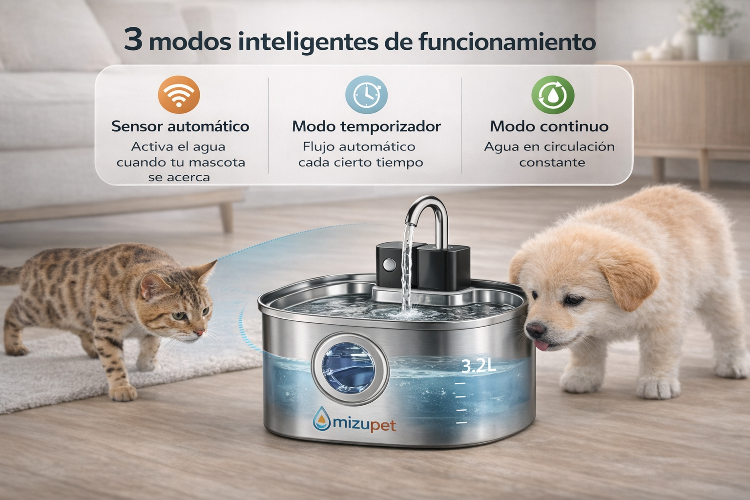 Fuente de agua inalámbrica para mascotas Mizupet 3.2L – Acero inoxidable, automática con sensor y batería recargable - imagen 4