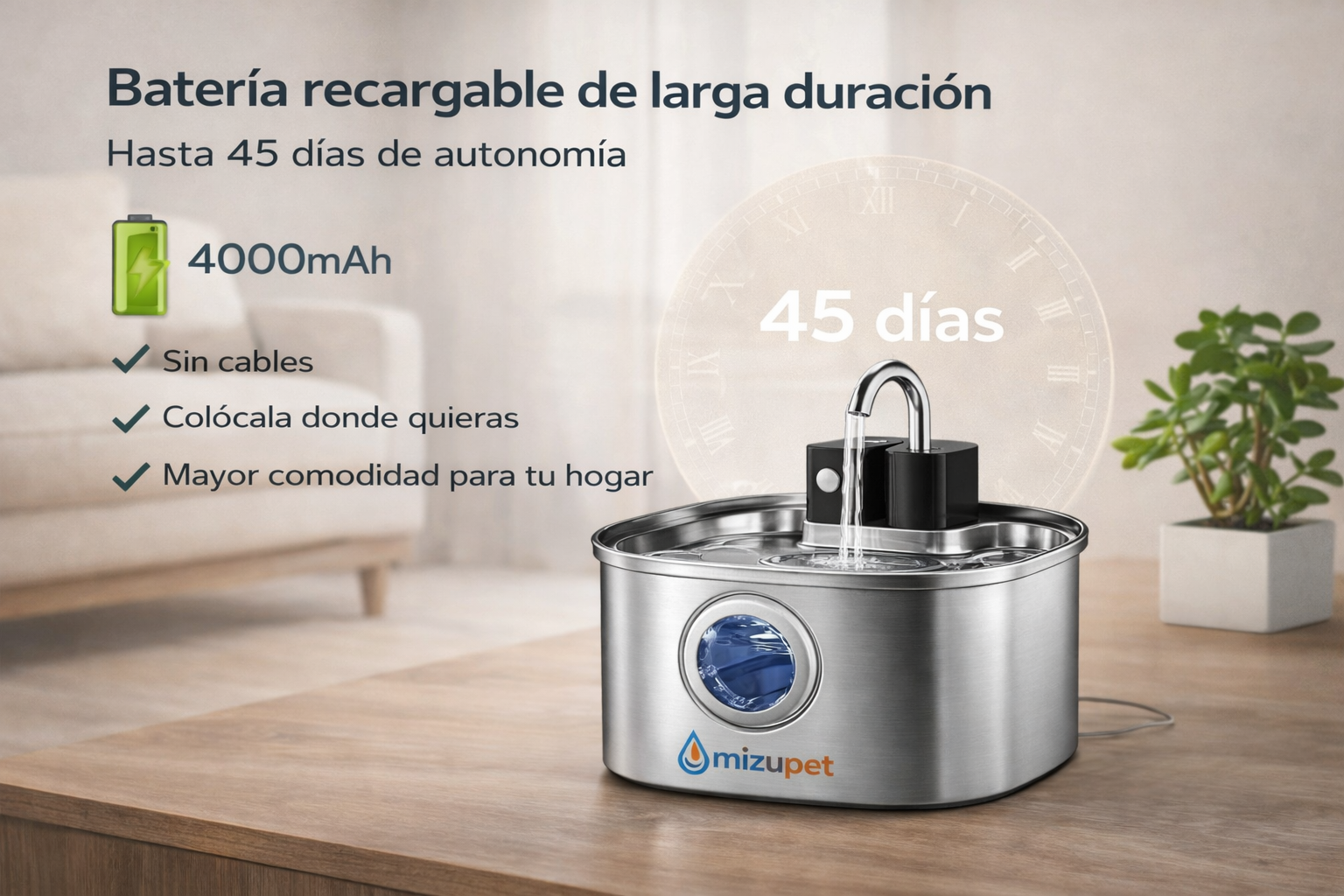 Fuente de agua inalámbrica para mascotas Mizupet 3.2L – Acero inoxidable, automática con sensor y batería recargable - imagen 6