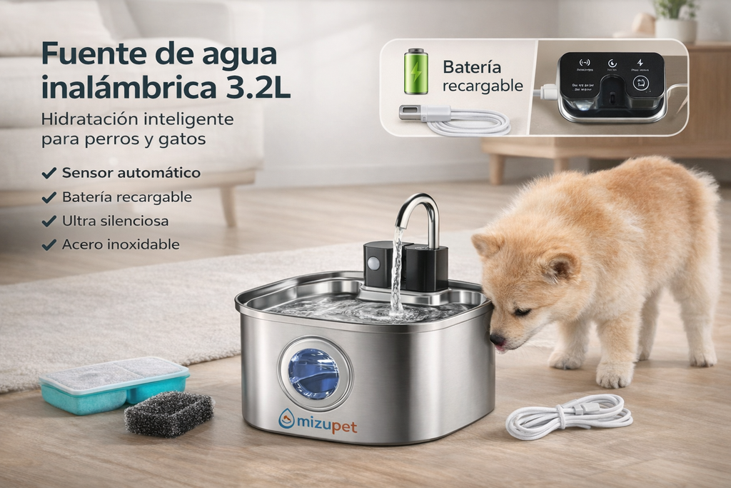 Fuente de agua inalámbrica para mascotas Mizupet 3.2L – Acero inoxidable, automática con sensor y batería recargable - imagen 2